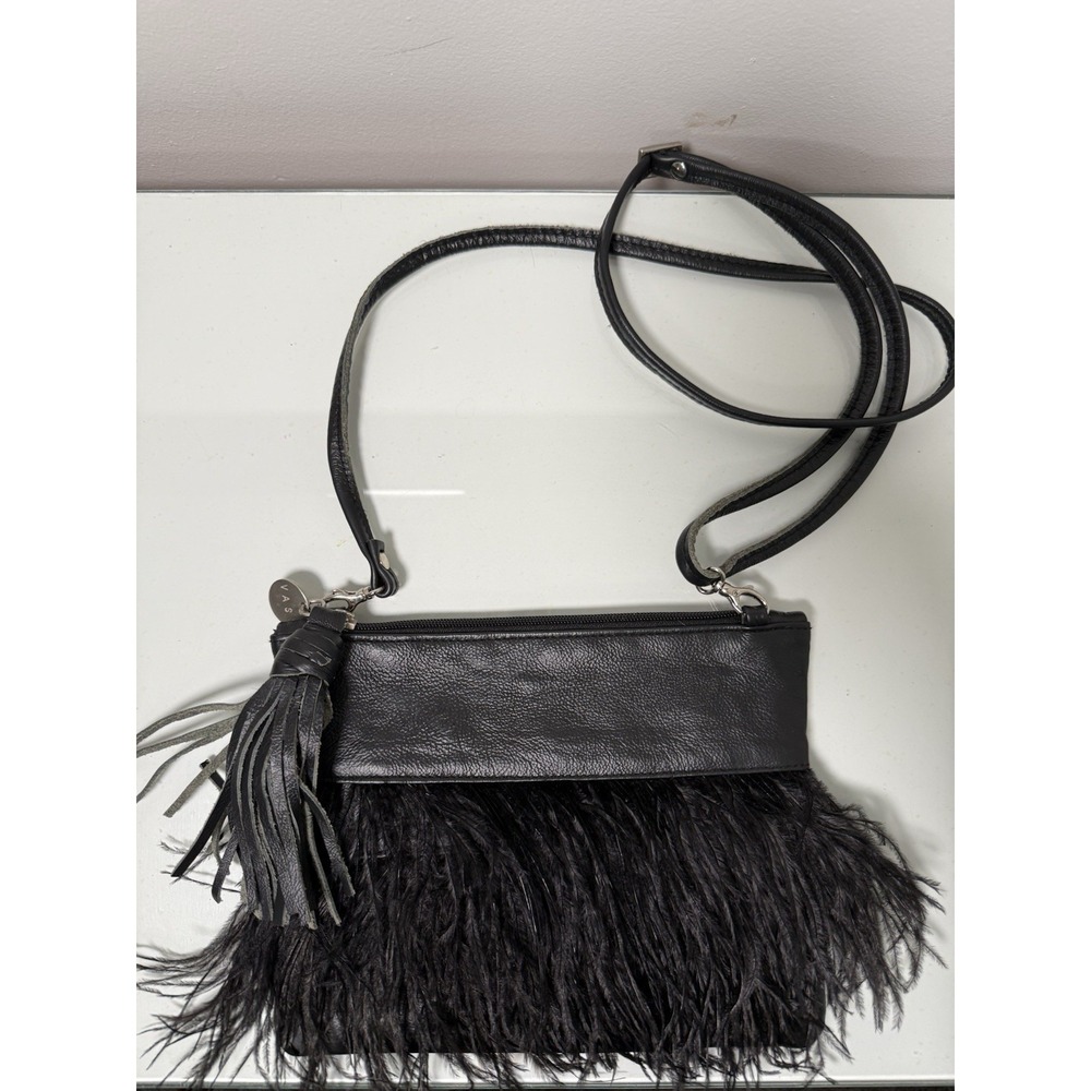 VASH Feathered Leather Crossbody Shoulder Bag Black Formal Event Dressy Clutch